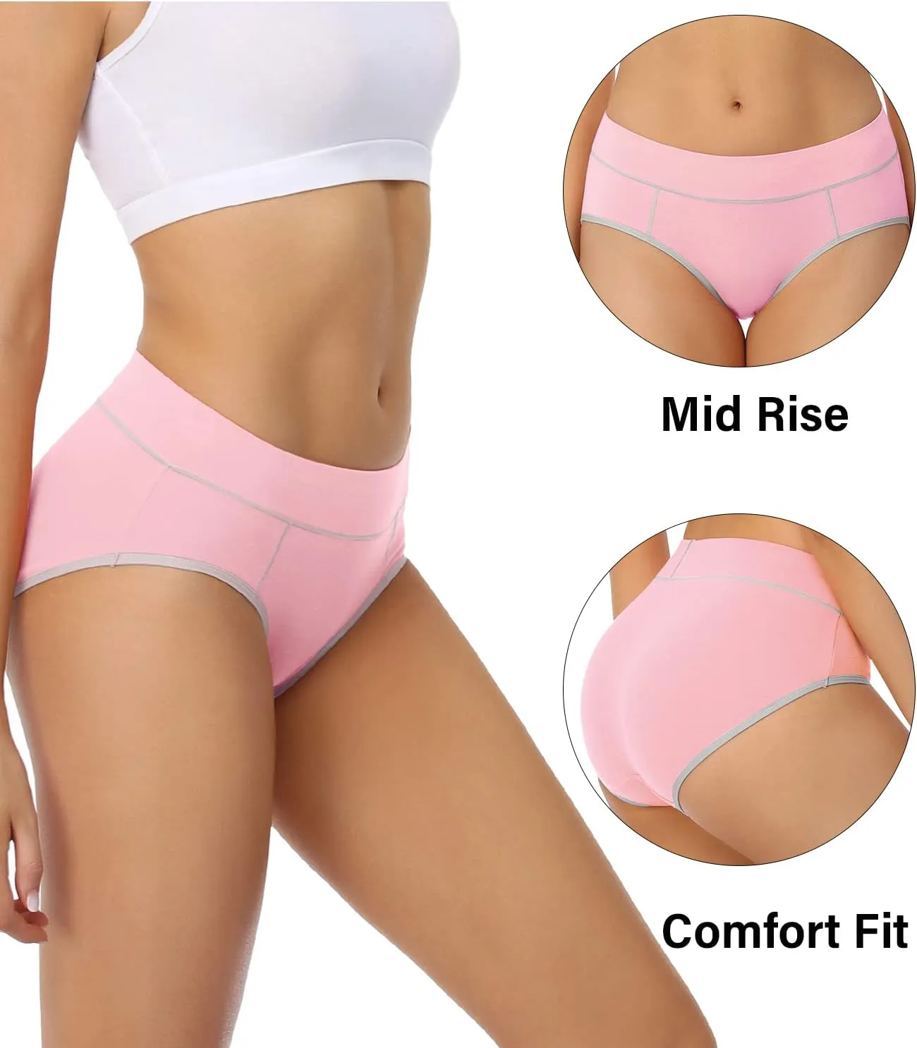 wirarpa Women's Cotton Underwear Stretch Mid Waisted Briefs Ladies Panties 5 Pack (Regular & Plus Size)