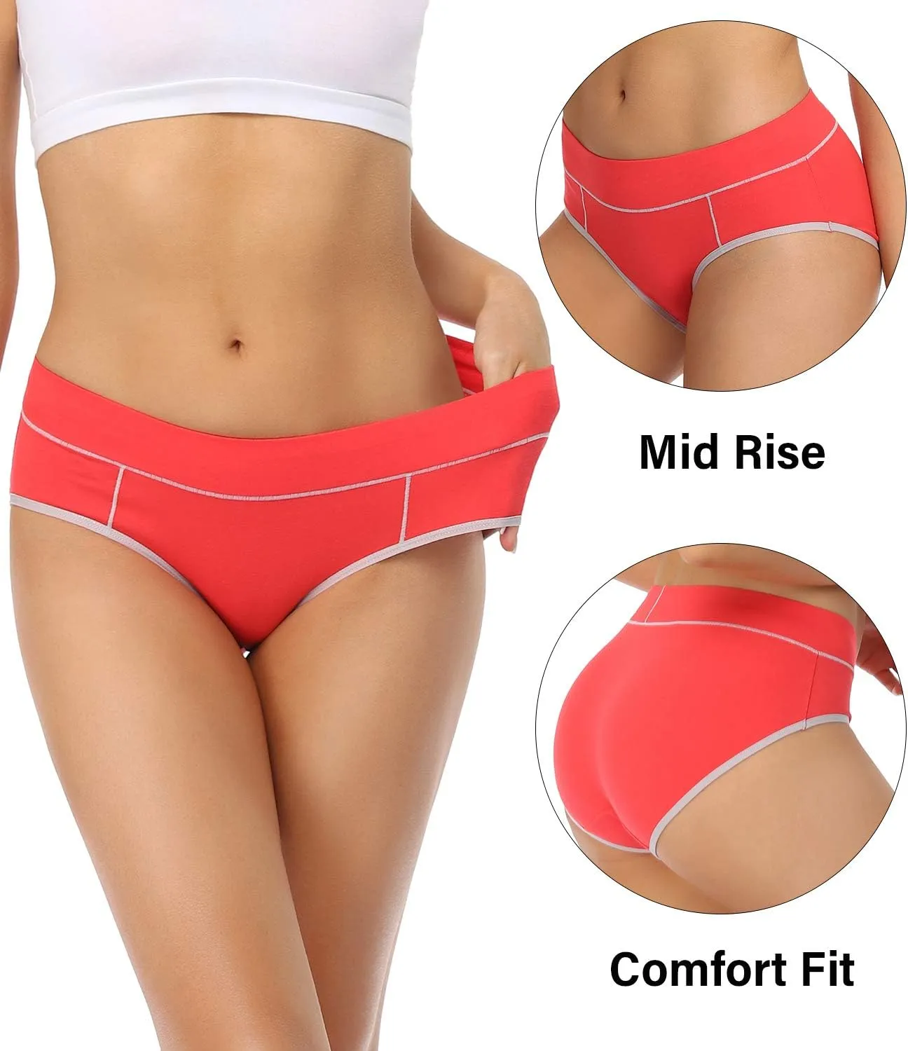 wirarpa Women's Cotton Underwear Stretch Mid Waisted Briefs Ladies Panties 5 Pack (Regular & Plus Size)