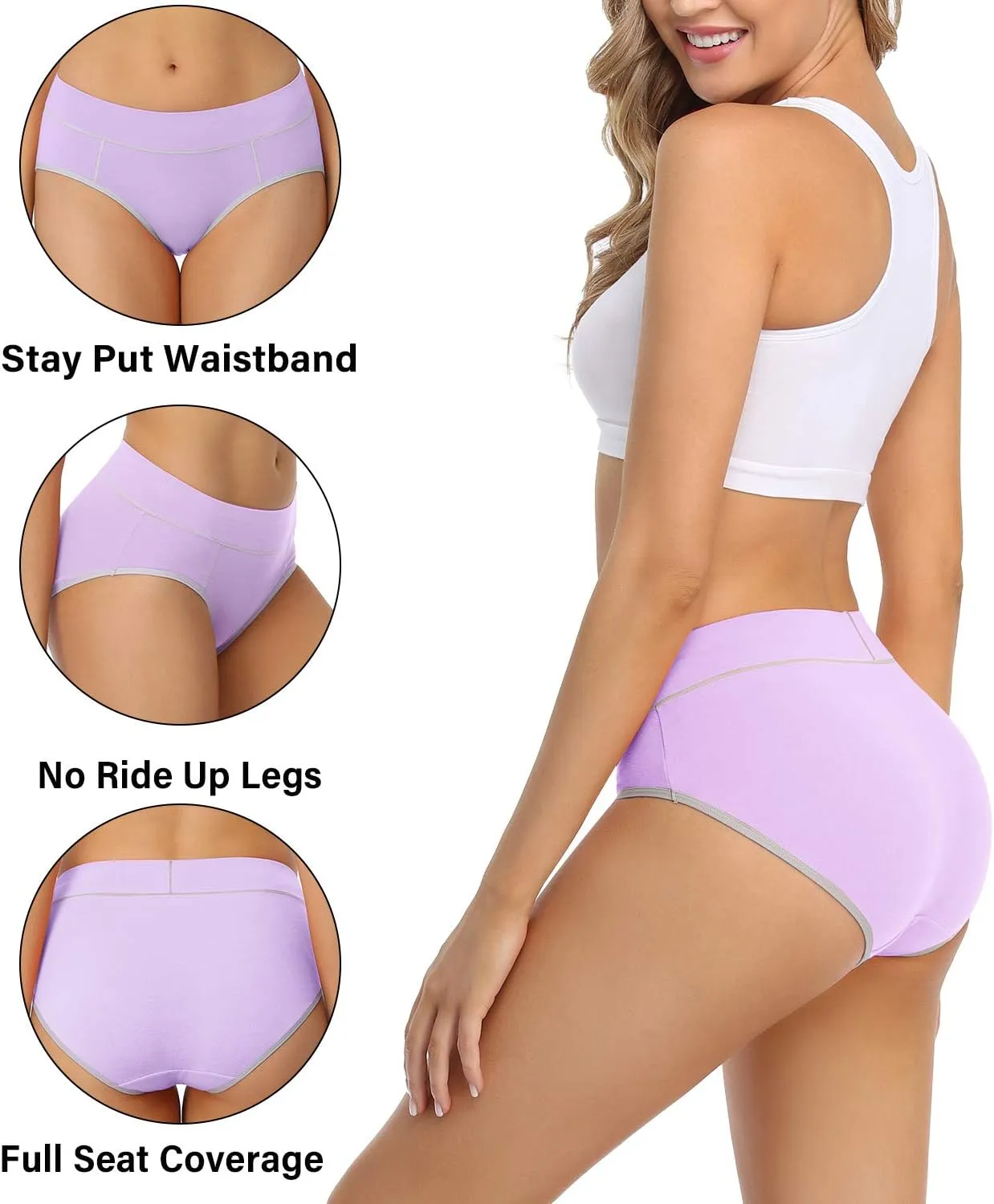wirarpa Women's Cotton Underwear Stretch Mid Waisted Briefs Ladies Panties 5 Pack (Regular & Plus Size)