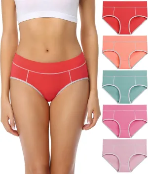 wirarpa Women's Cotton Underwear Stretch Mid Waisted Briefs Ladies Panties 5 Pack (Regular & Plus Size)