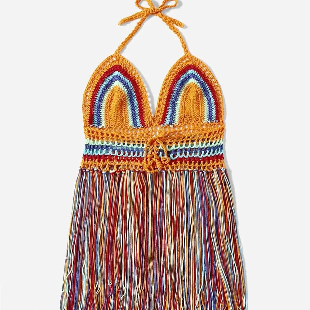 Women Crochet Bikini Cover Up Tassel Dress for XS, S, M, L