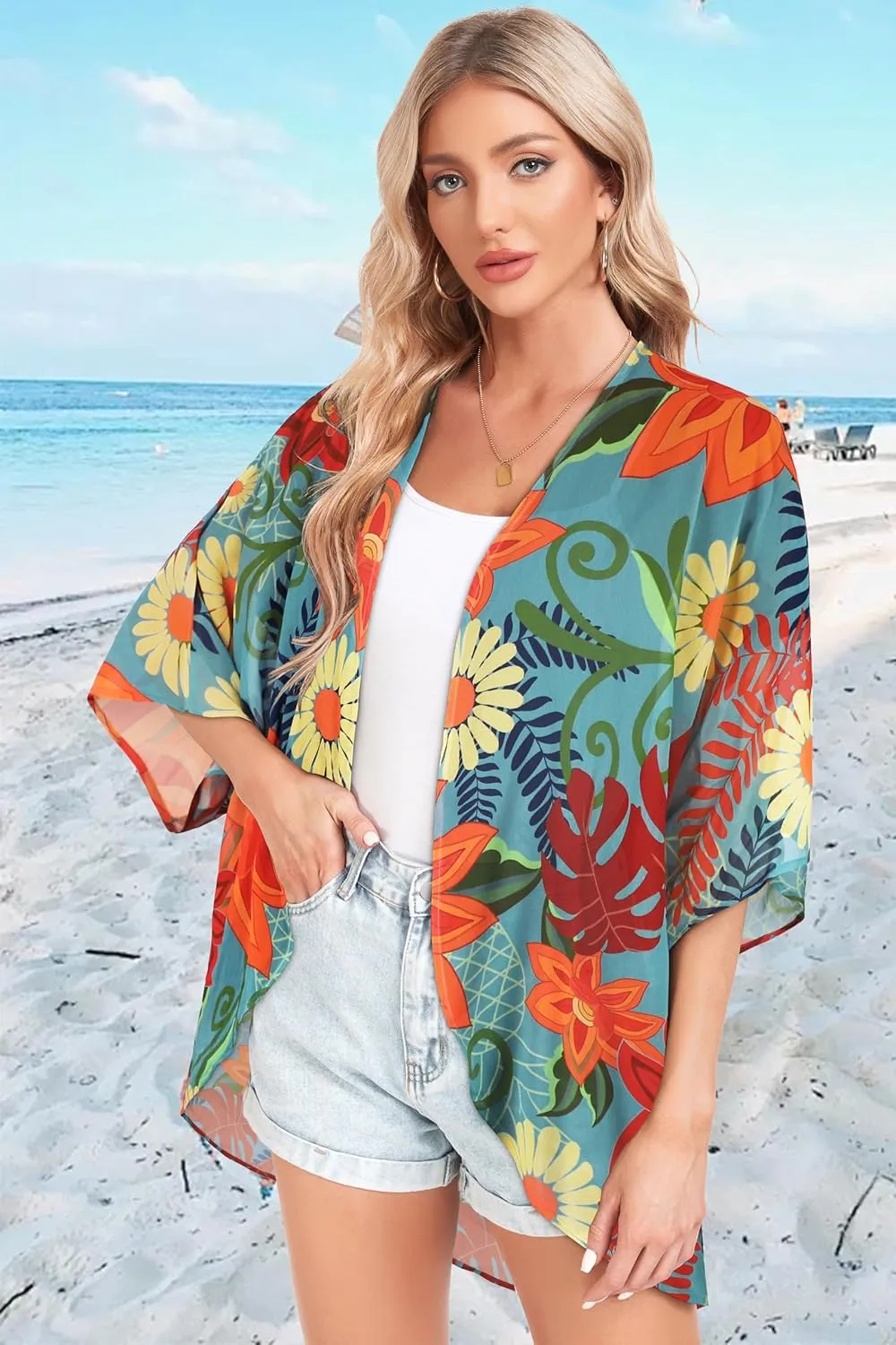 Women Kimono Cardigans Casual Summer Tops Cover up Open Front Floral Print Resort Wear