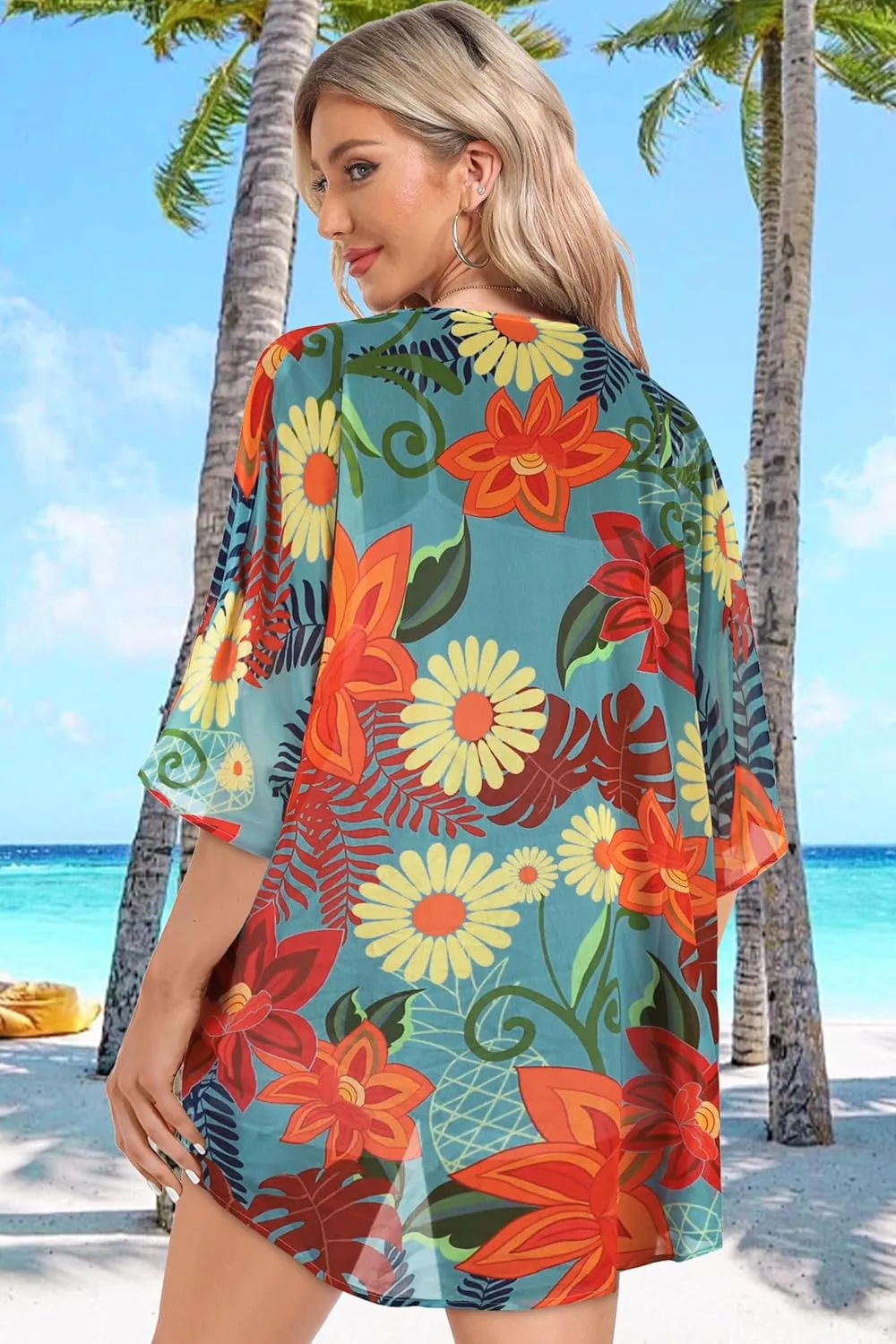 Women Kimono Cardigans Casual Summer Tops Cover up Open Front Floral Print Resort Wear