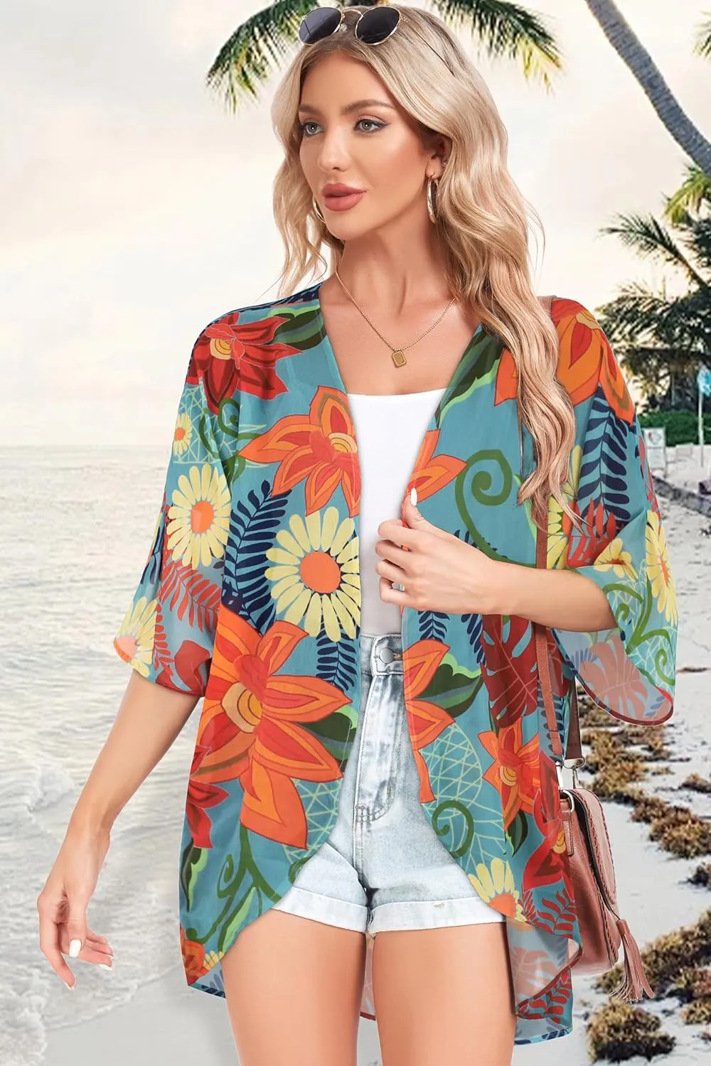 Women Kimono Cardigans Casual Summer Tops Cover up Open Front Floral Print Resort Wear