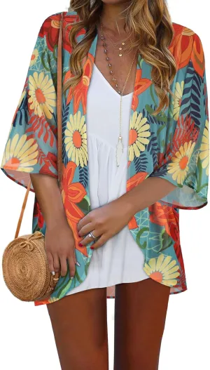 Women Kimono Cardigans Casual Summer Tops Cover up Open Front Floral Print Resort Wear