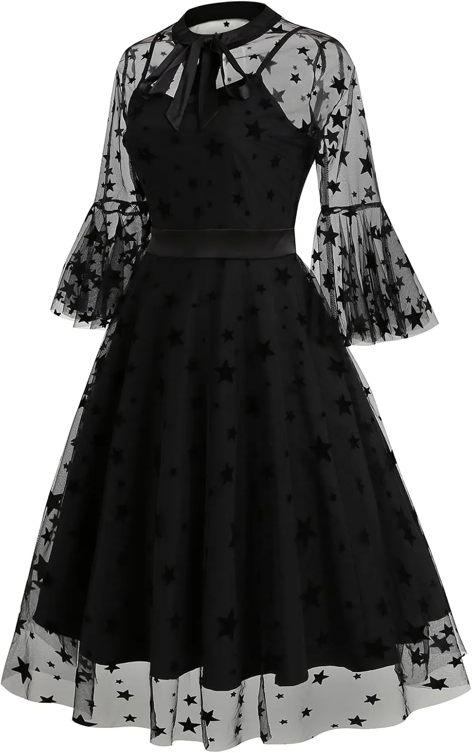 Women Mesh Floral Embroidery Vintage Cocktail Swing Dress Illusion 50s Goth Flared A line Casual Wedding Prom Evening Dress