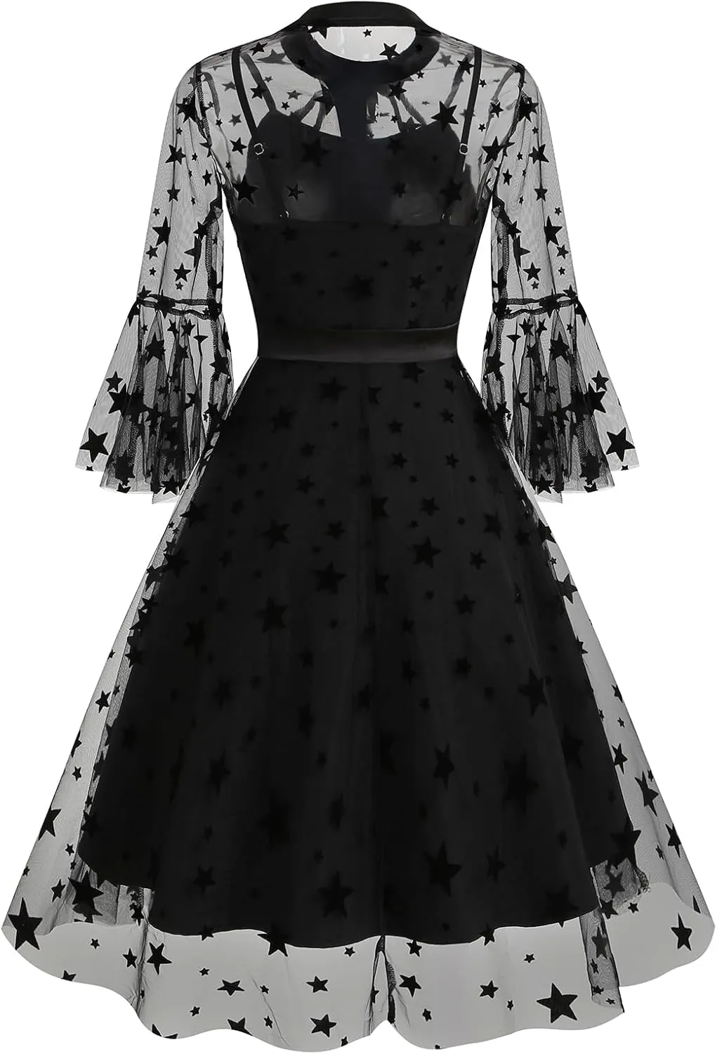 Women Mesh Floral Embroidery Vintage Cocktail Swing Dress Illusion 50s Goth Flared A line Casual Wedding Prom Evening Dress
