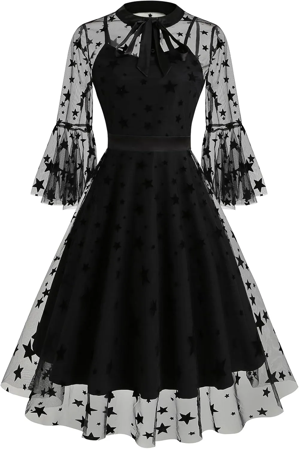 Women Mesh Floral Embroidery Vintage Cocktail Swing Dress Illusion 50s Goth Flared A line Casual Wedding Prom Evening Dress