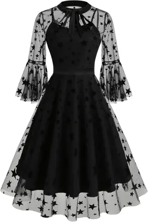 Women Mesh Floral Embroidery Vintage Cocktail Swing Dress Illusion 50s Goth Flared A line Casual Wedding Prom Evening Dress