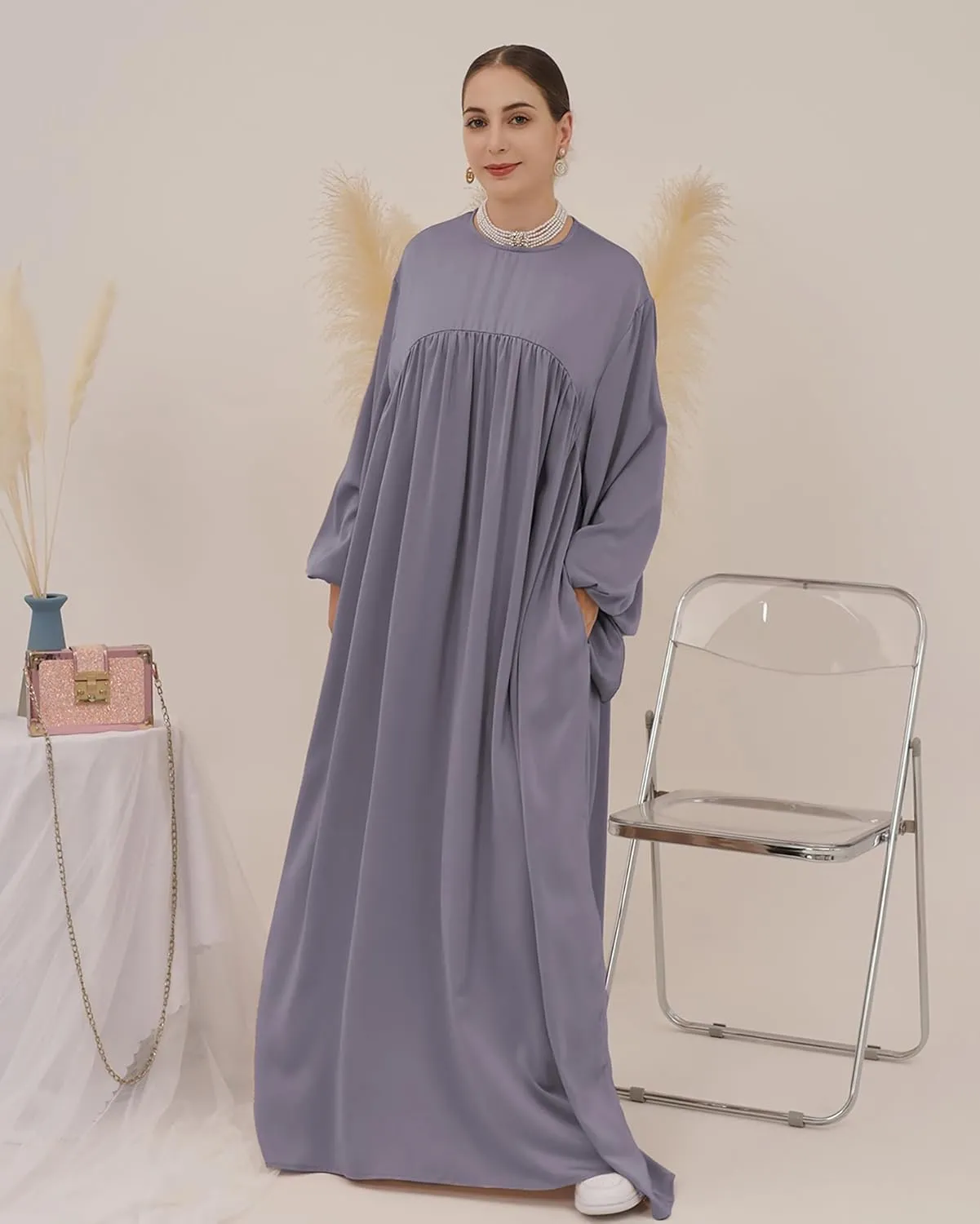 Women Muslim Prayer Dress Loose Solid Colour Dubai Maxi Dress Lightweight Long Sleeves Islamic Abaya