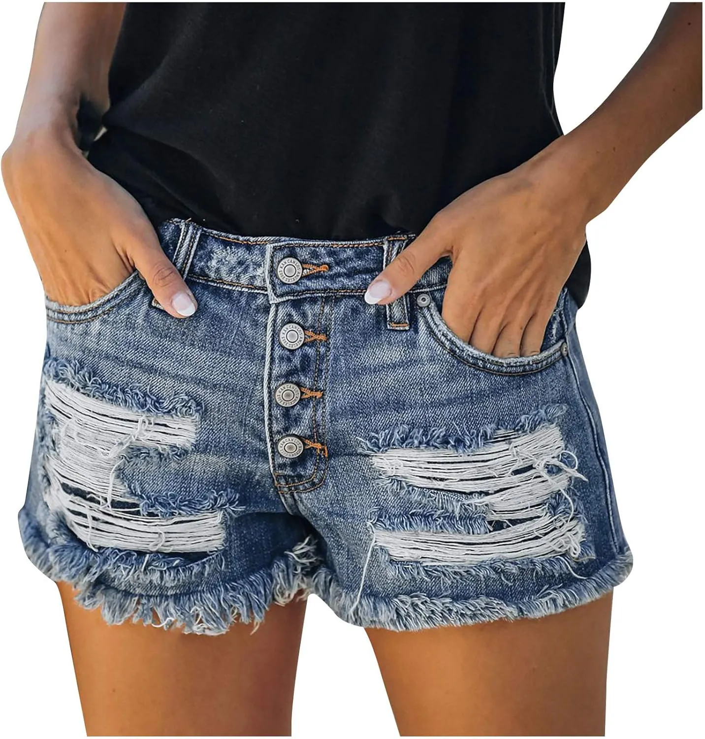 Women Ripped Denim Shorts Mid Rise Summer Hot Raw Hem Casual Jean Shorts Cut Off Distressed Trendy Short Pants