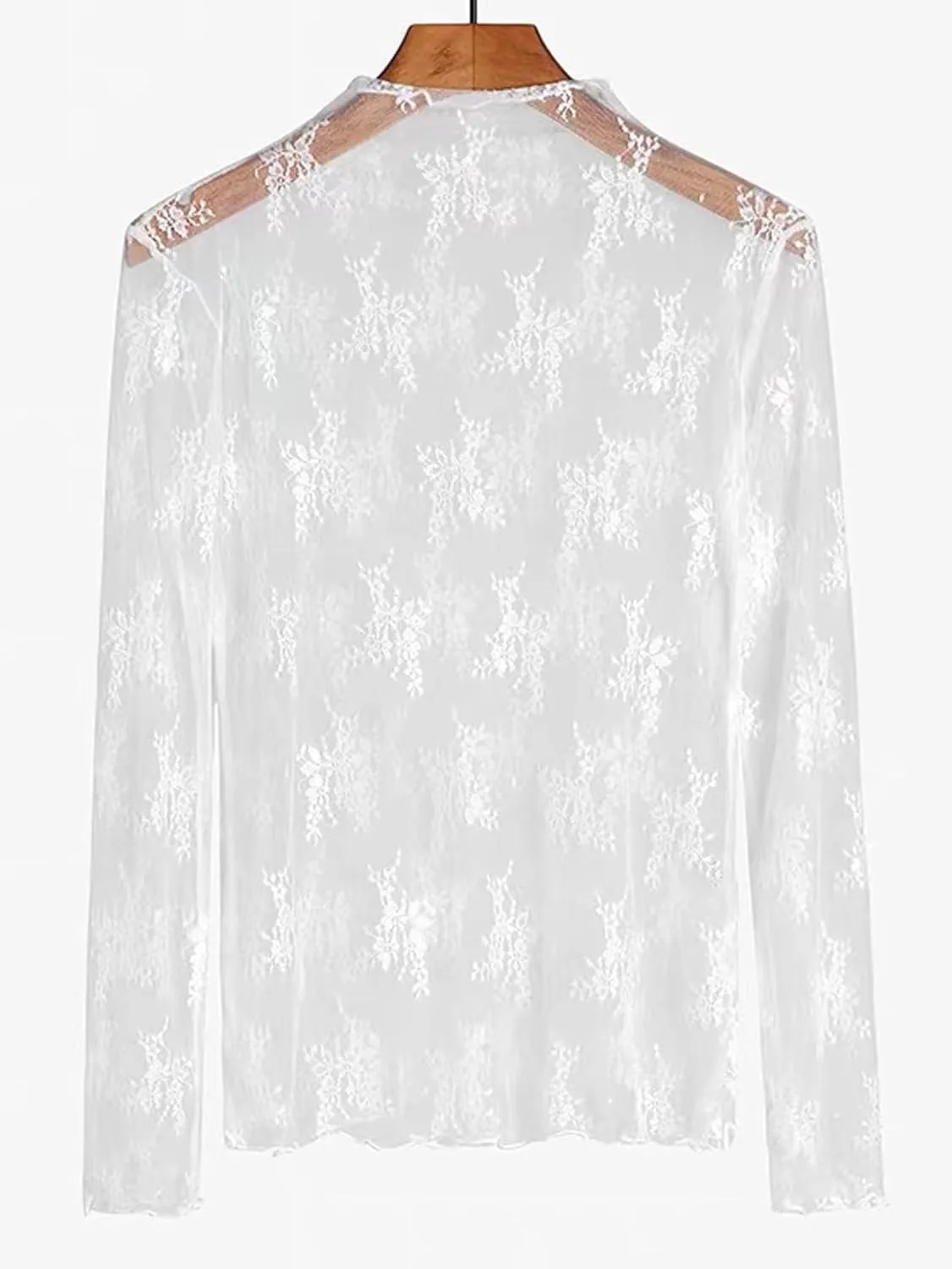 Women Sexy Lace Layering Tops Sheer Mesh Shirts Long Sleeve See Through Crop Top