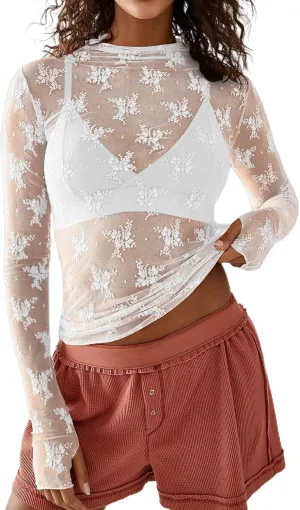 Women Sexy Lace Layering Tops Sheer Mesh Shirts Long Sleeve See Through Crop Top