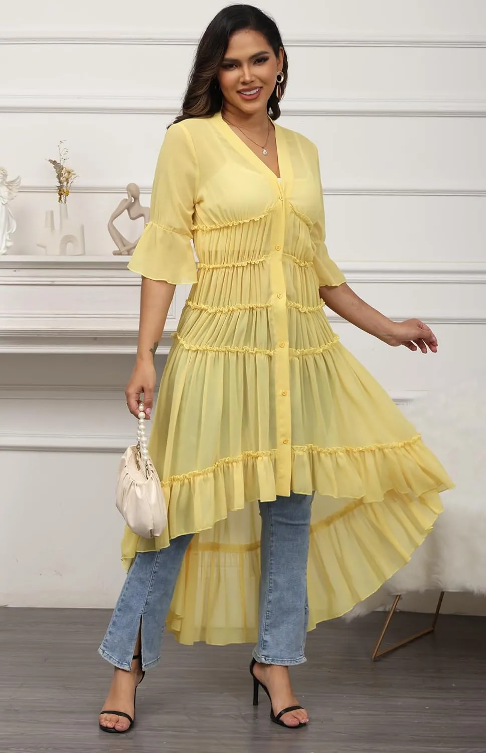 Women Summer Flowy Button Down Maxi Shirt Dress Sexy Swimsuit Beach Coverup Long Kimono Cardigan