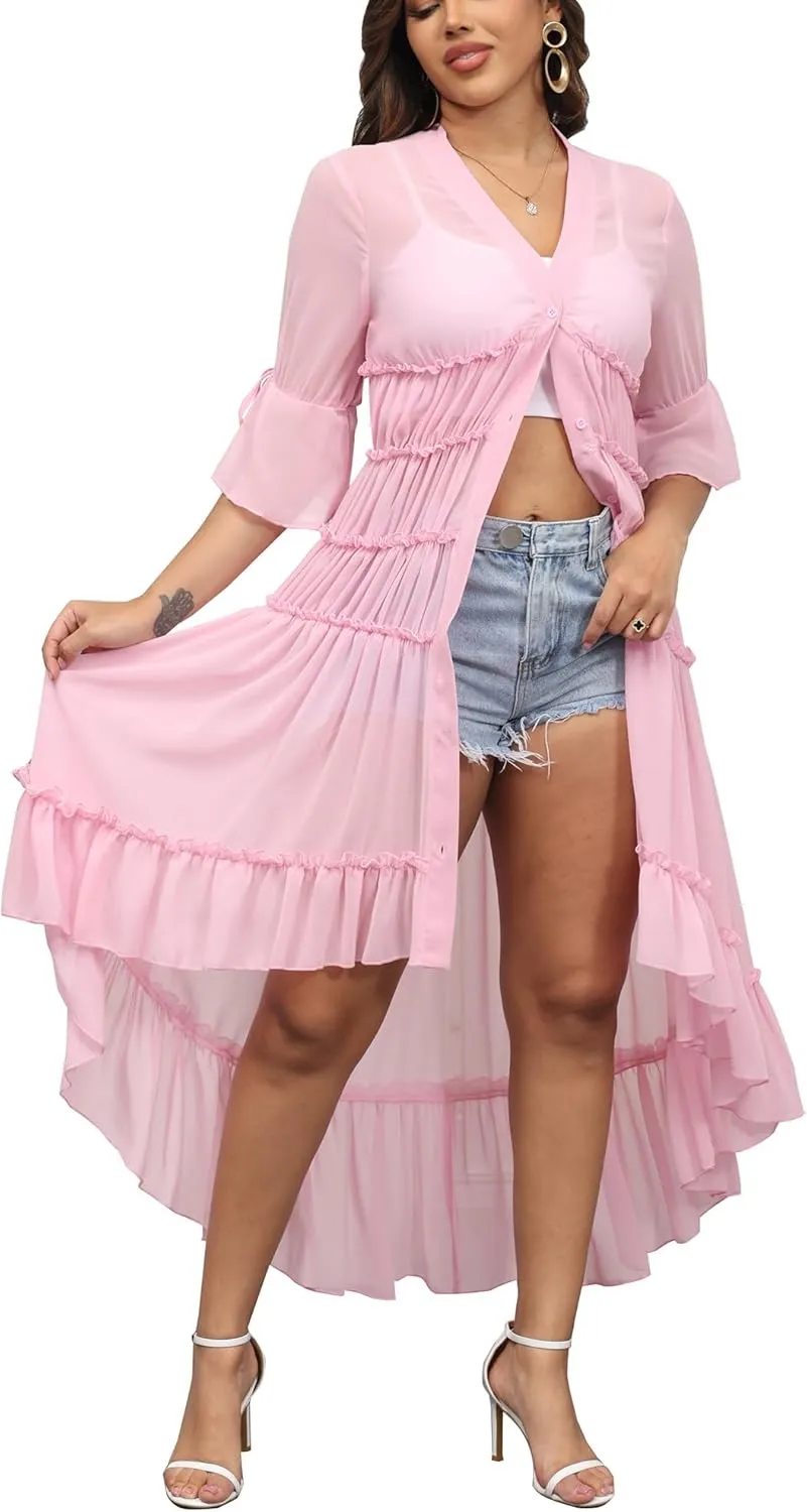 Women Summer Flowy Button Down Maxi Shirt Dress Sexy Swimsuit Beach Coverup Long Kimono Cardigan
