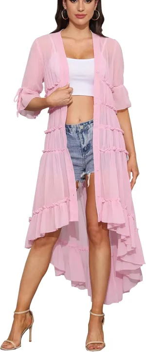 Women Summer Flowy Button Down Maxi Shirt Dress Sexy Swimsuit Beach Coverup Long Kimono Cardigan