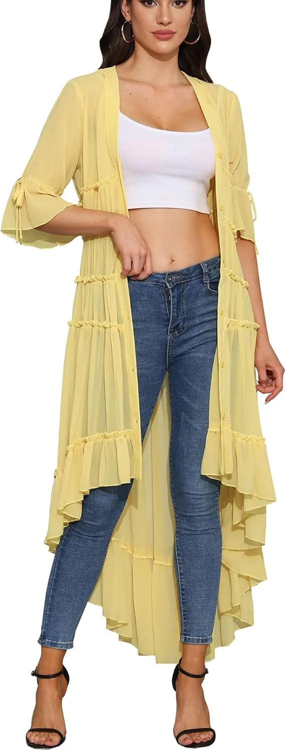Women Summer Flowy Button Down Maxi Shirt Dress Sexy Swimsuit Beach Coverup Long Kimono Cardigan