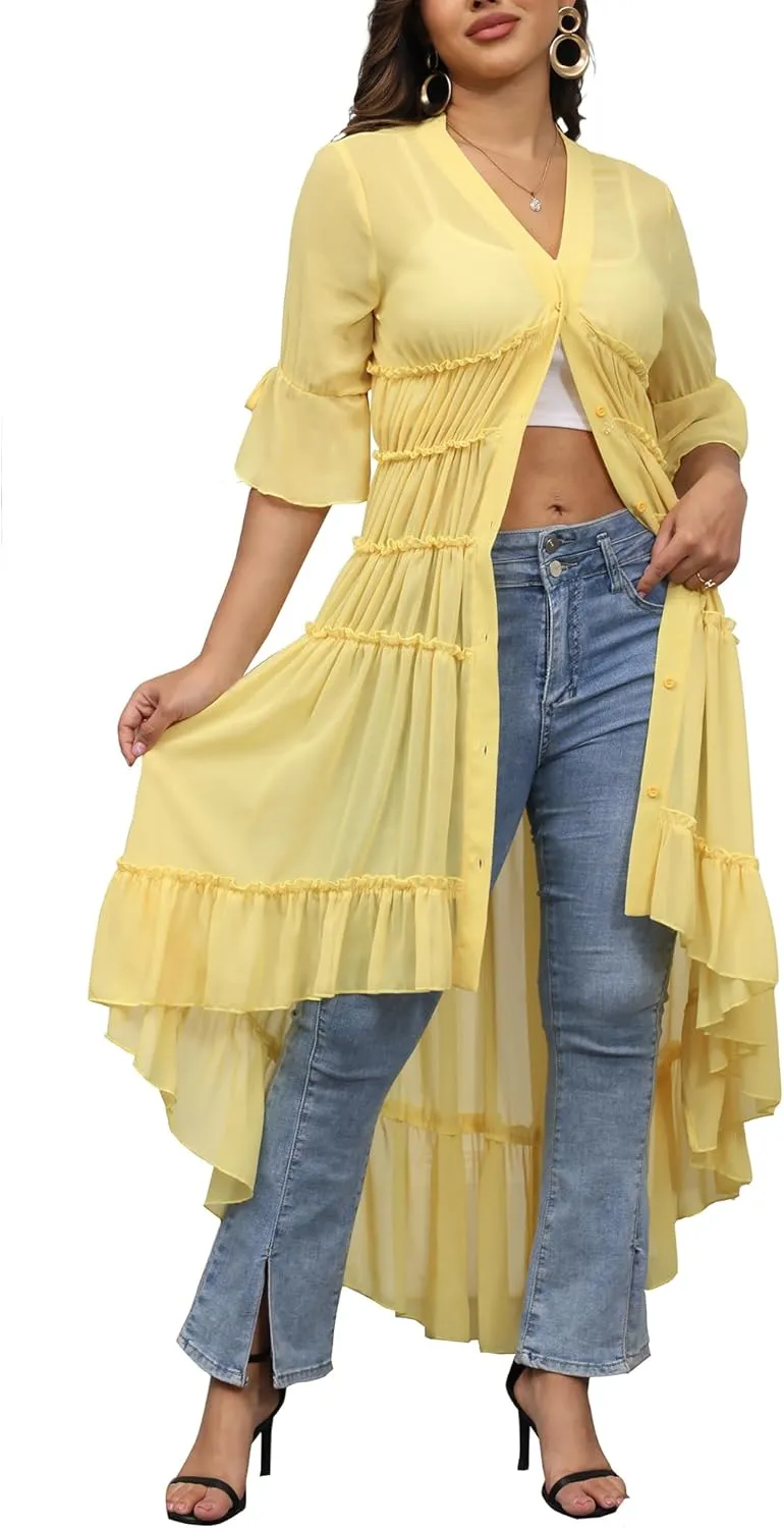 Women Summer Flowy Button Down Maxi Shirt Dress Sexy Swimsuit Beach Coverup Long Kimono Cardigan
