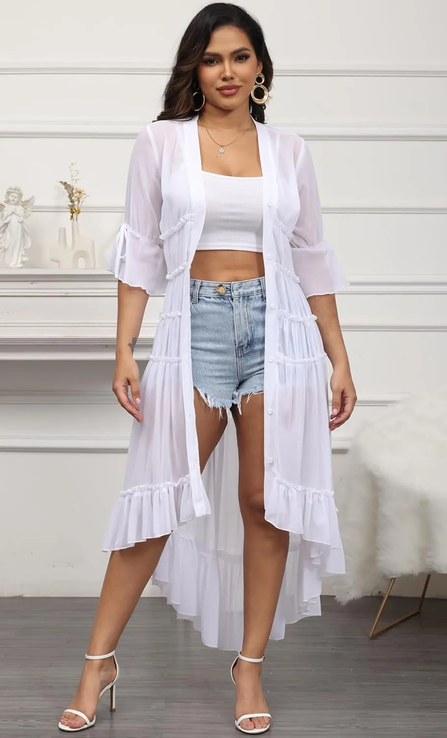 Women Summer Flowy Button Down Maxi Shirt Dress Sexy Swimsuit Beach Coverup Long Kimono Cardigan