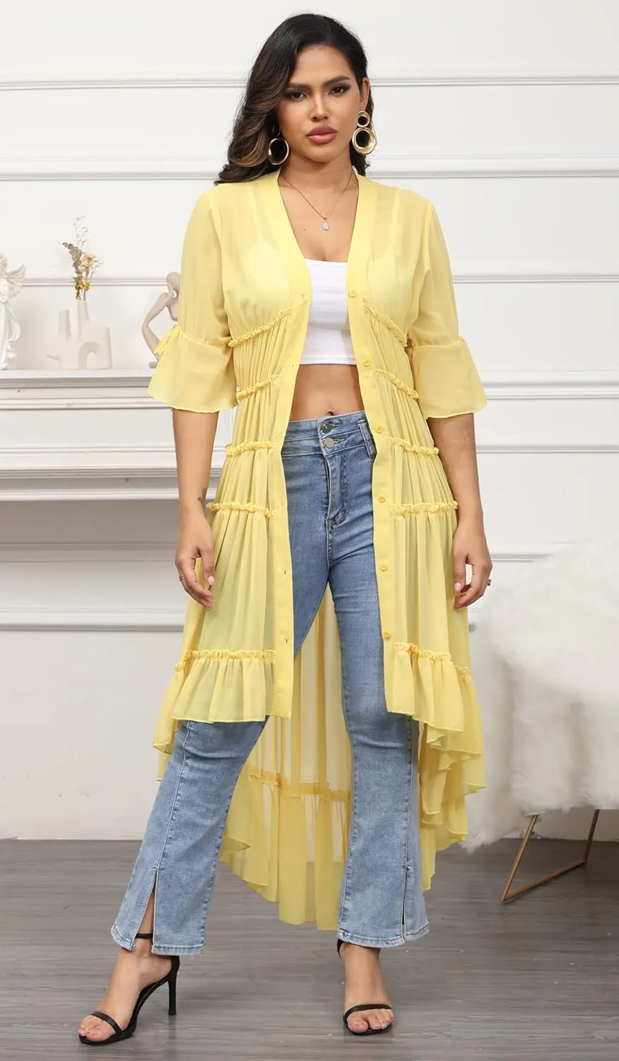 Women Summer Flowy Button Down Maxi Shirt Dress Sexy Swimsuit Beach Coverup Long Kimono Cardigan