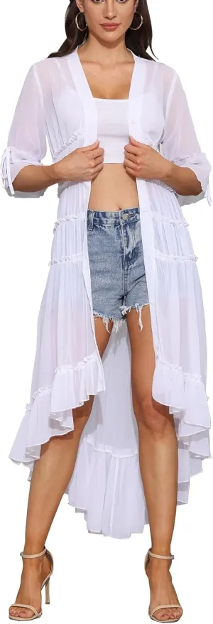 Women Summer Flowy Button Down Maxi Shirt Dress Sexy Swimsuit Beach Coverup Long Kimono Cardigan
