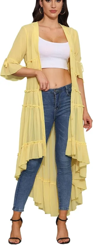 Women Summer Flowy Button Down Maxi Shirt Dress Sexy Swimsuit Beach Coverup Long Kimono Cardigan