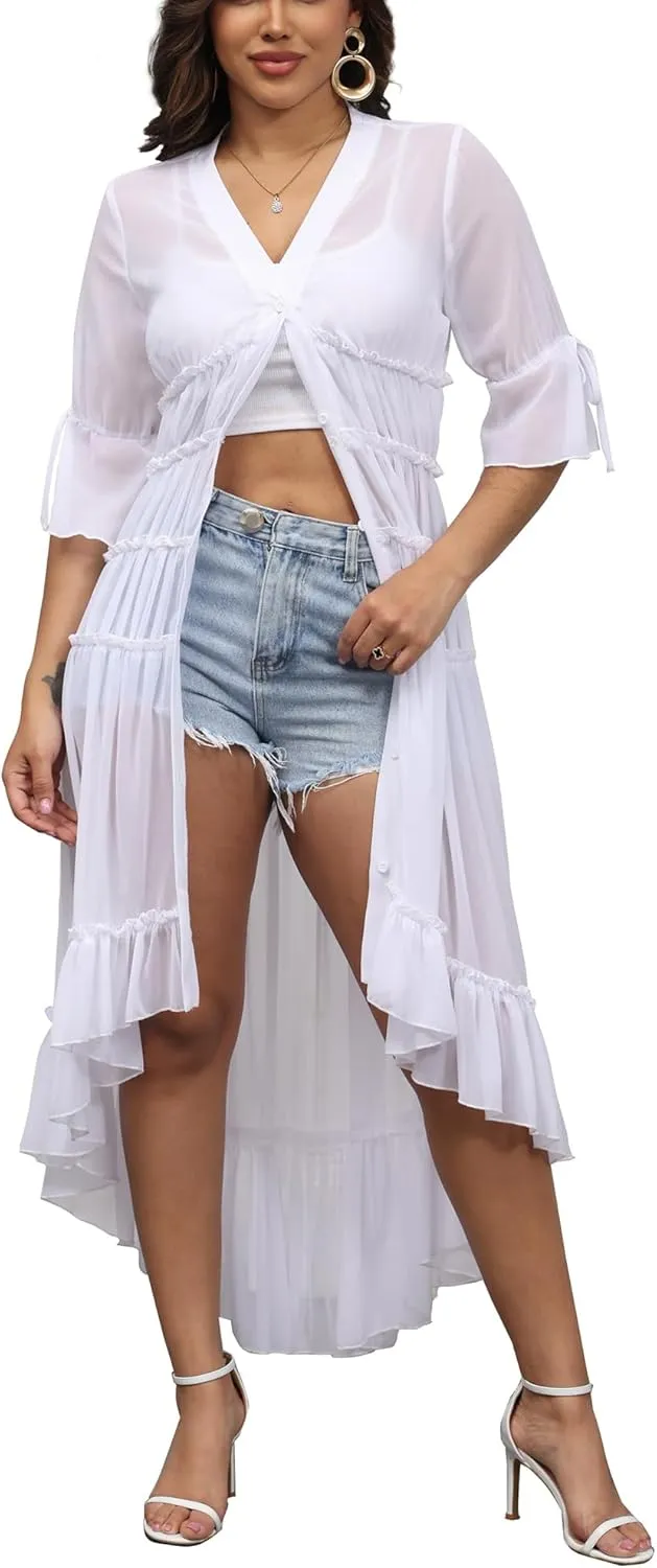 Women Summer Flowy Button Down Maxi Shirt Dress Sexy Swimsuit Beach Coverup Long Kimono Cardigan