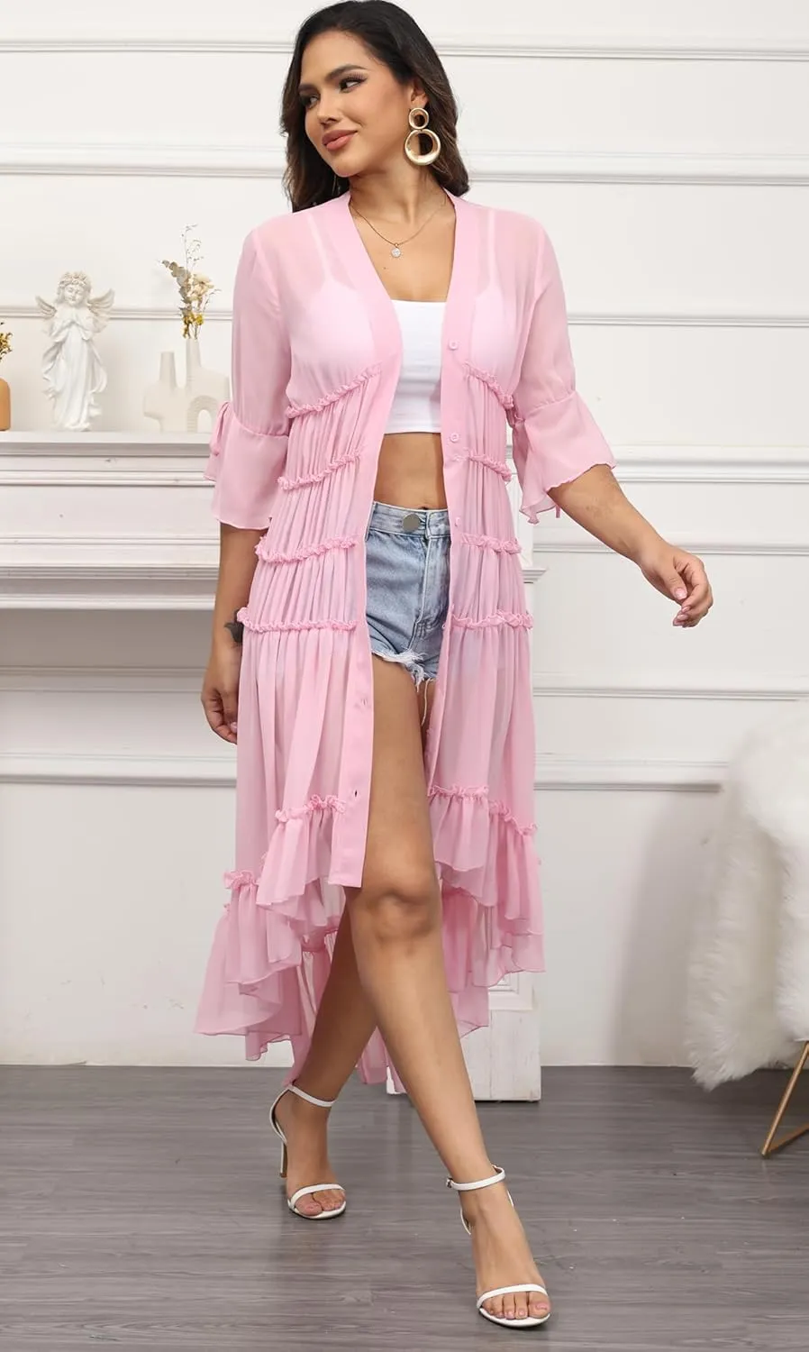 Women Summer Flowy Button Down Maxi Shirt Dress Sexy Swimsuit Beach Coverup Long Kimono Cardigan