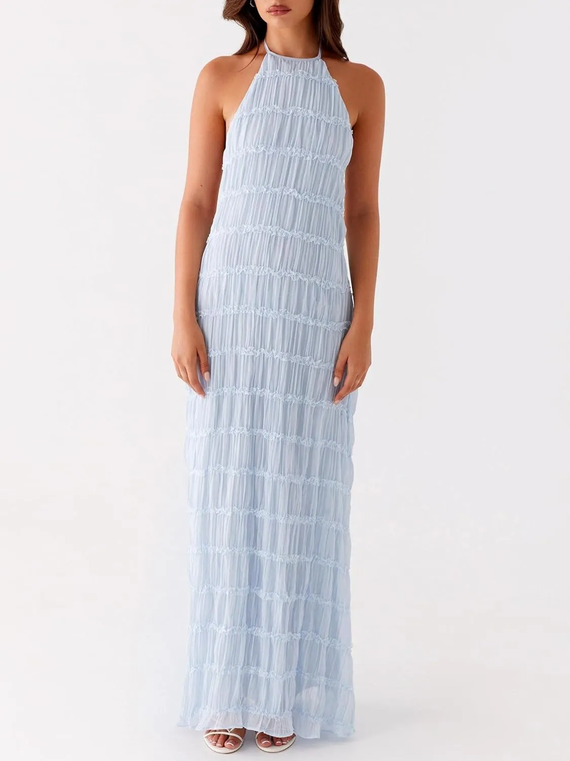 Women Y2k Backless Long Dress Halter Tie Neck Maxi Dress Flowy Beach Sundress Summer Streetwear