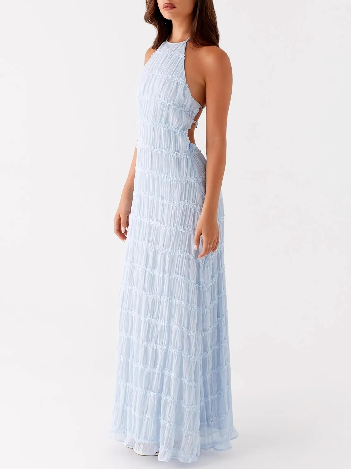 Women Y2k Backless Long Dress Halter Tie Neck Maxi Dress Flowy Beach Sundress Summer Streetwear