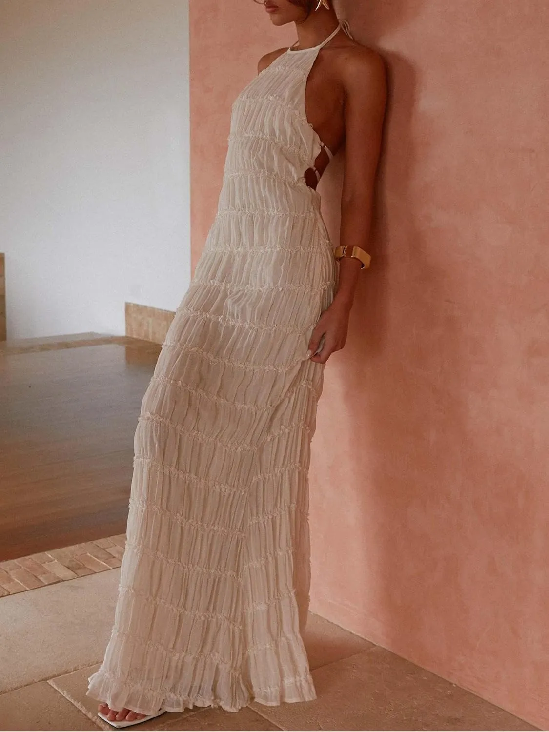Women Y2k Backless Long Dress Halter Tie Neck Maxi Dress Flowy Beach Sundress Summer Streetwear