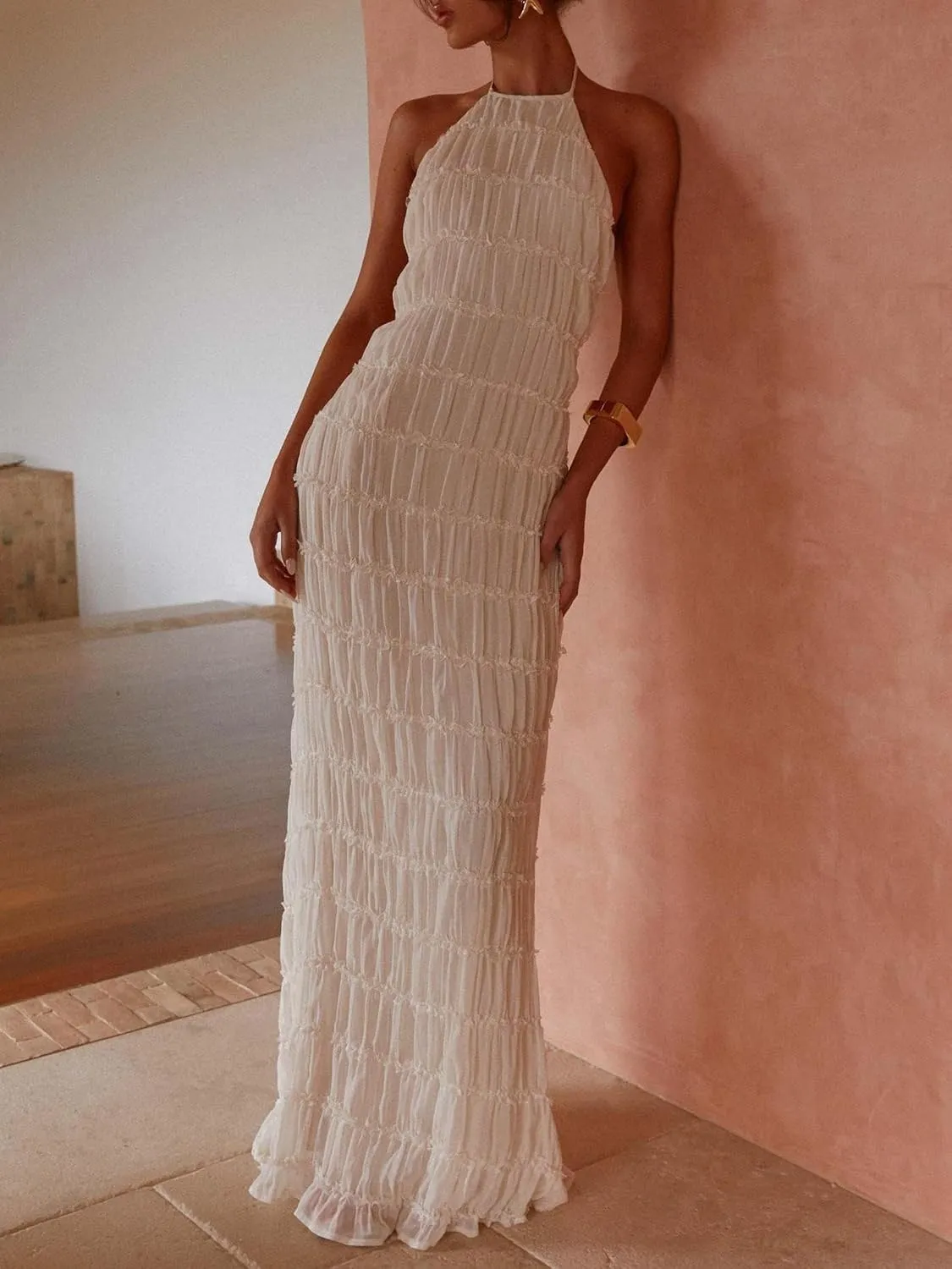 Women Y2k Backless Long Dress Halter Tie Neck Maxi Dress Flowy Beach Sundress Summer Streetwear