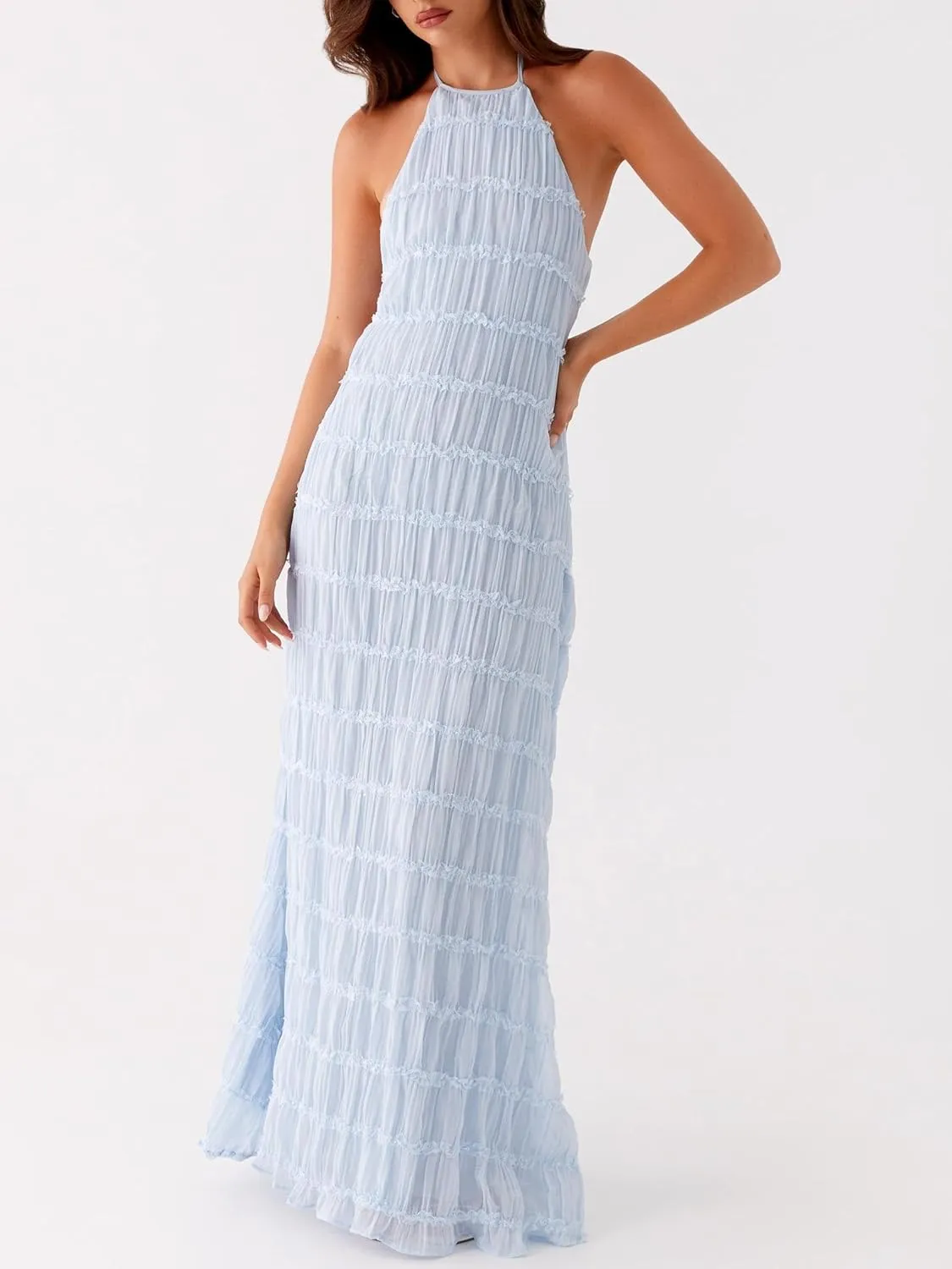 Women Y2k Backless Long Dress Halter Tie Neck Maxi Dress Flowy Beach Sundress Summer Streetwear