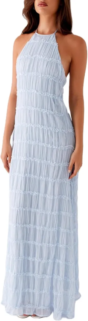 Women Y2k Backless Long Dress Halter Tie Neck Maxi Dress Flowy Beach Sundress Summer Streetwear