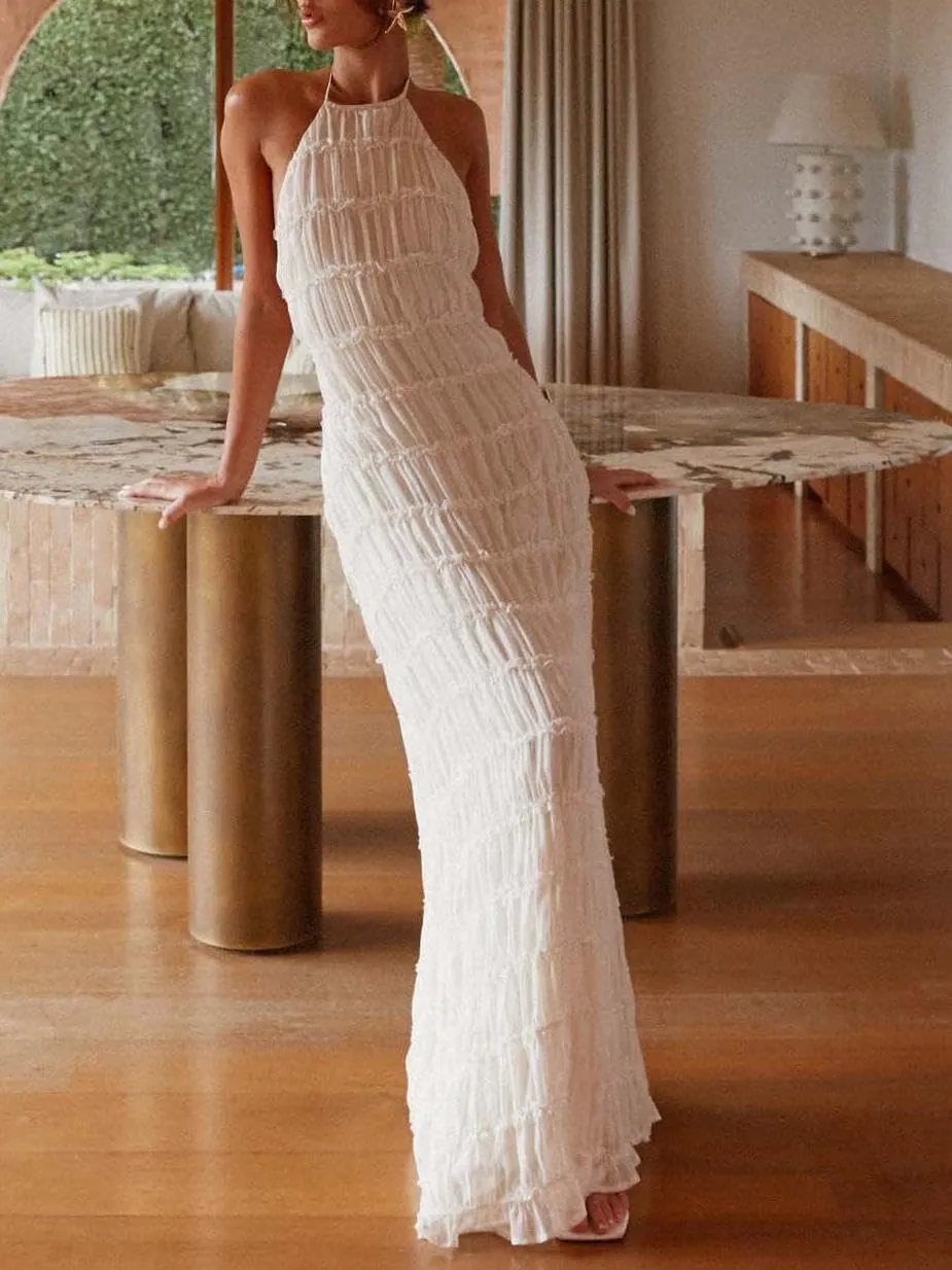 Women Y2k Backless Long Dress Halter Tie Neck Maxi Dress Flowy Beach Sundress Summer Streetwear