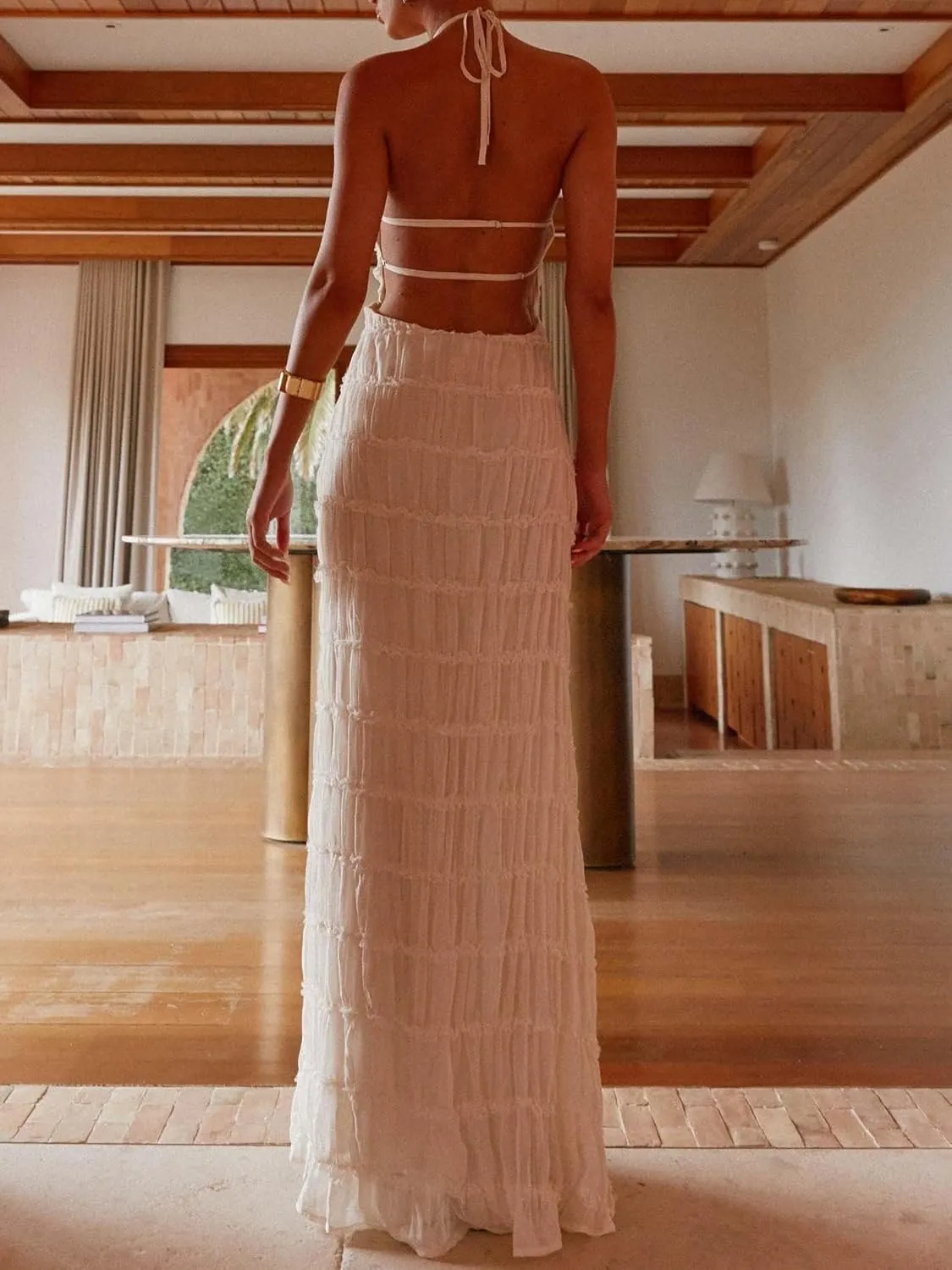 Women Y2k Backless Long Dress Halter Tie Neck Maxi Dress Flowy Beach Sundress Summer Streetwear