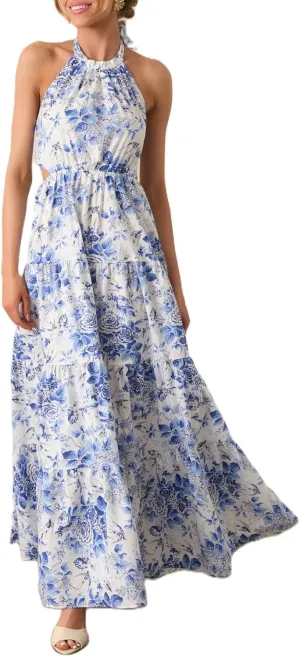Women Y2k Boho Floral Maxi Dress Halter Neck Sleeveless Long Dress Flowy Backless Beach Sundress
