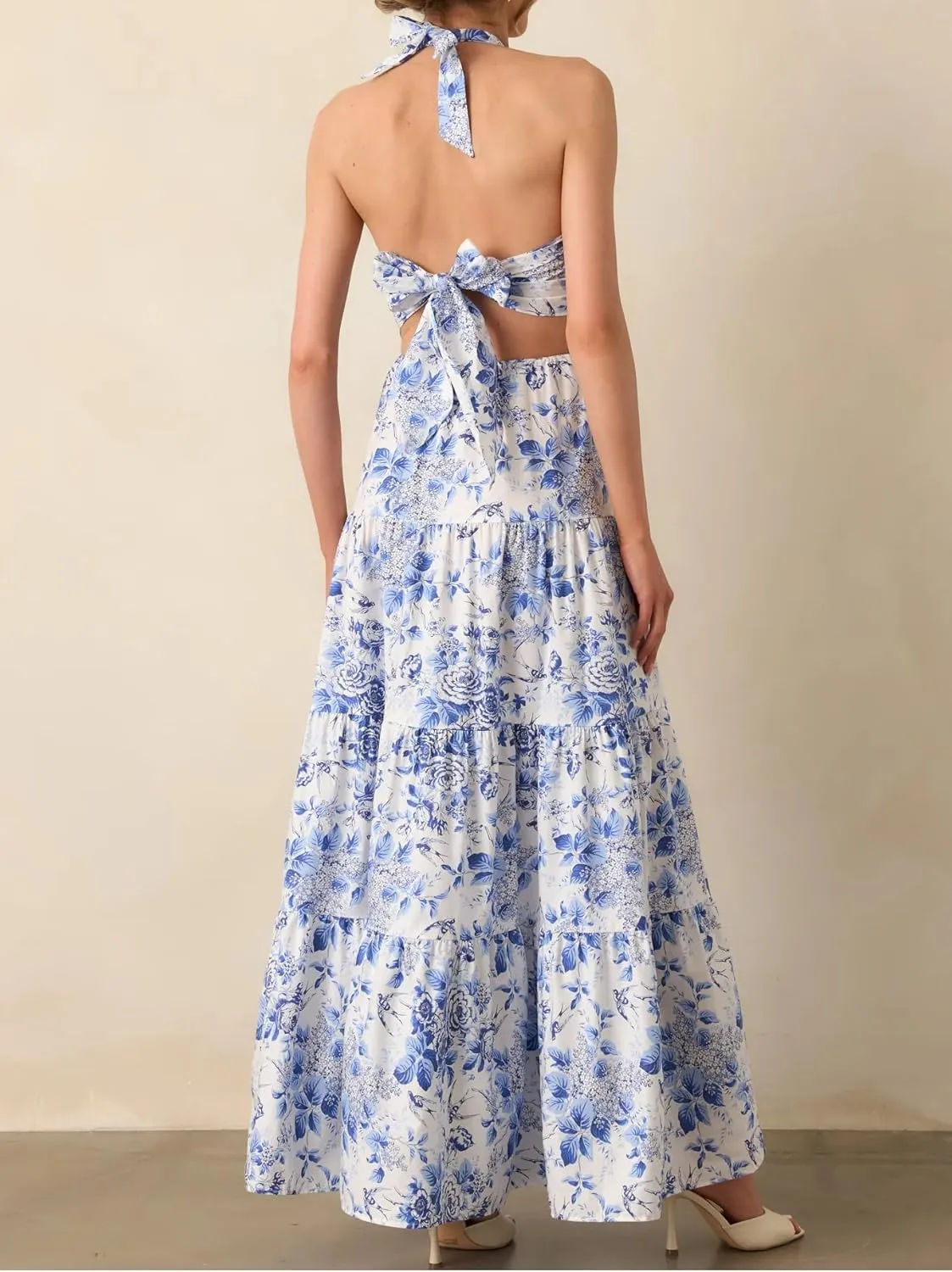 Women Y2k Boho Floral Maxi Dress Halter Neck Sleeveless Long Dress Flowy Backless Beach Sundress