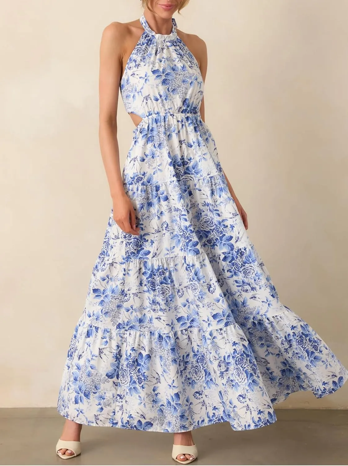 Women Y2k Boho Floral Maxi Dress Halter Neck Sleeveless Long Dress Flowy Backless Beach Sundress