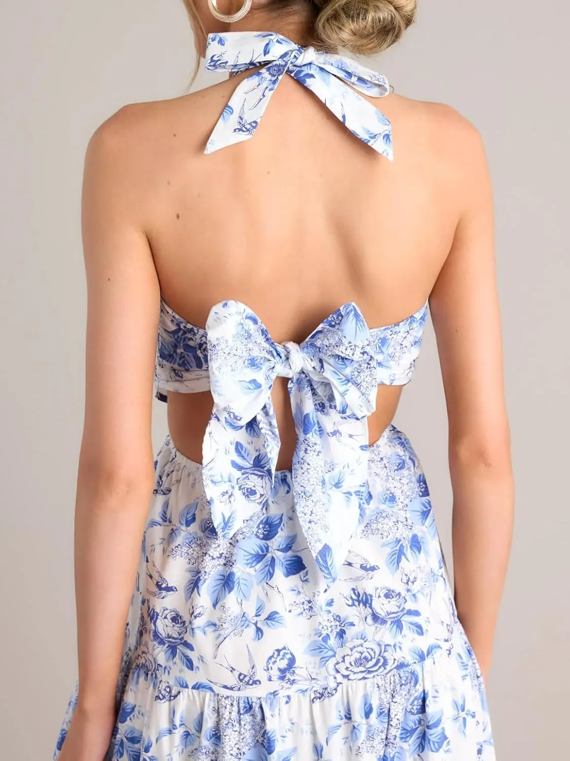 Women Y2k Boho Floral Maxi Dress Halter Neck Sleeveless Long Dress Flowy Backless Beach Sundress