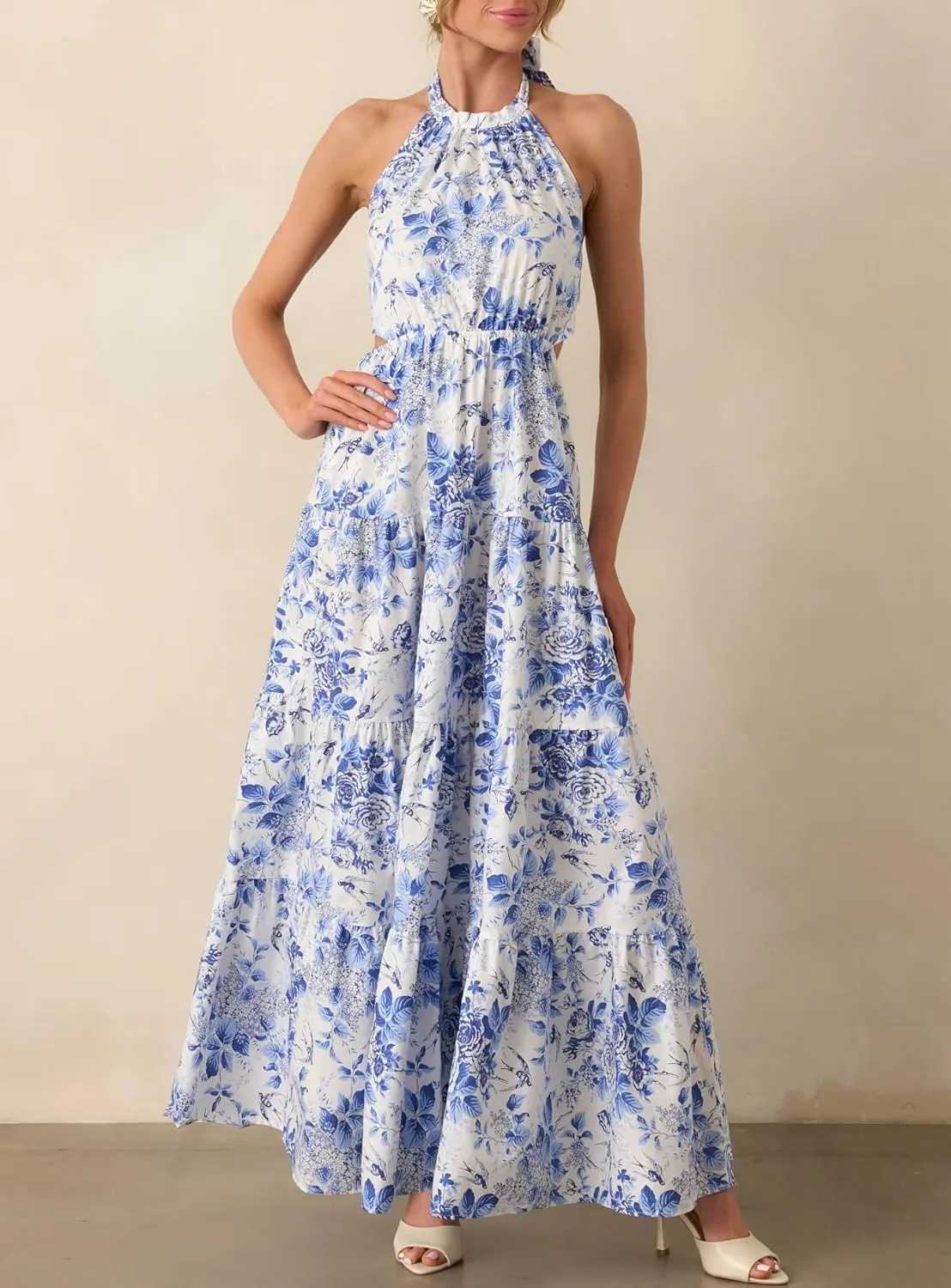 Women Y2k Boho Floral Maxi Dress Halter Neck Sleeveless Long Dress Flowy Backless Beach Sundress