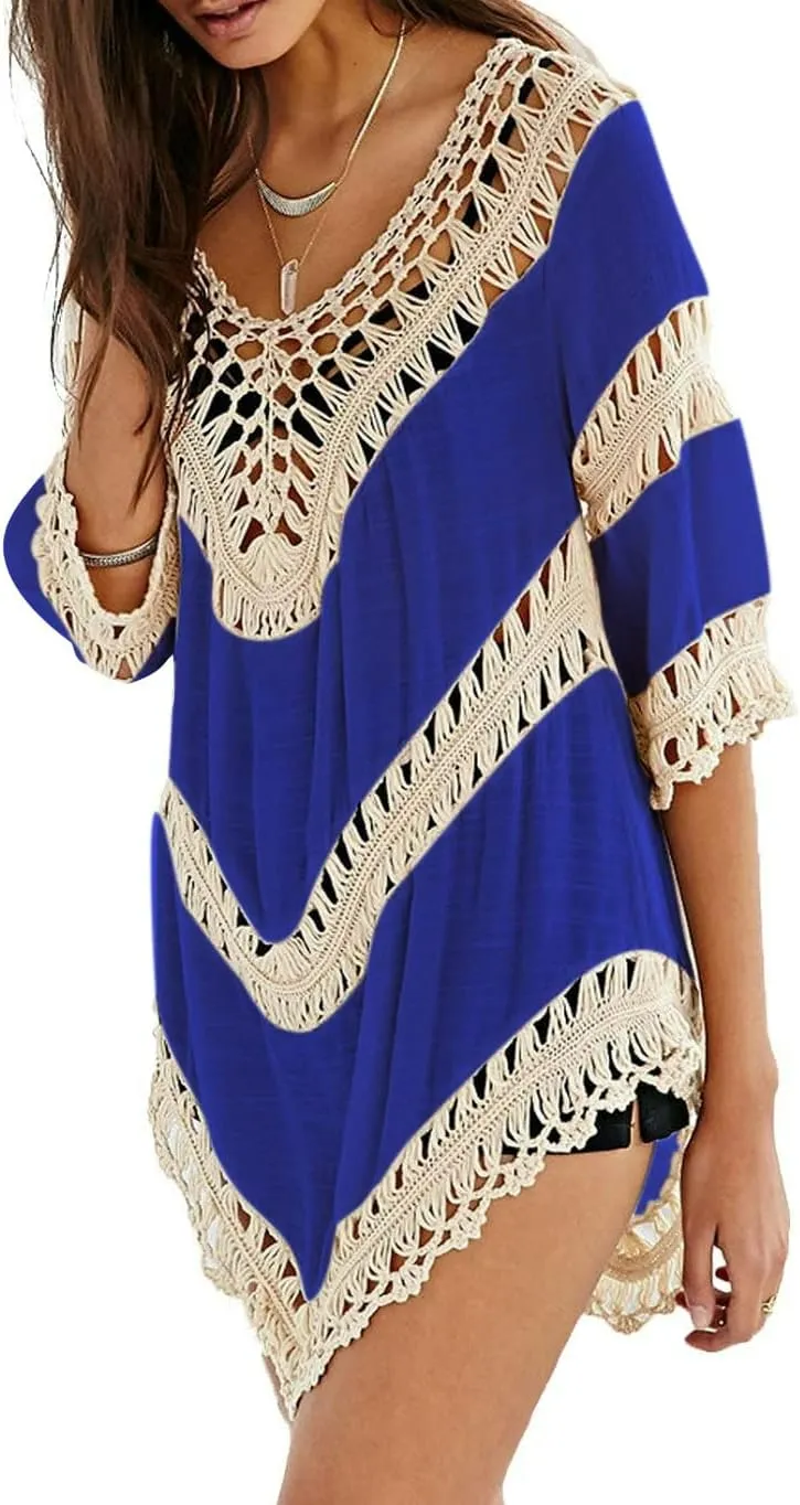 Womens Boho V Neck Crochet Tunic Tops Blouse Shirt Hollow Out Beach Swimsuit Cover up