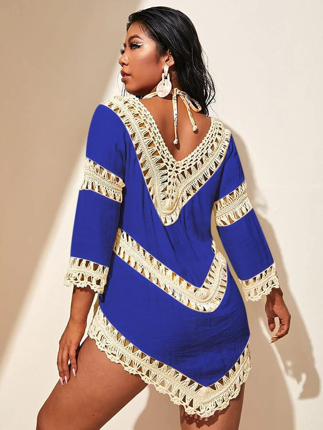 Womens Boho V Neck Crochet Tunic Tops Blouse Shirt Hollow Out Beach Swimsuit Cover up