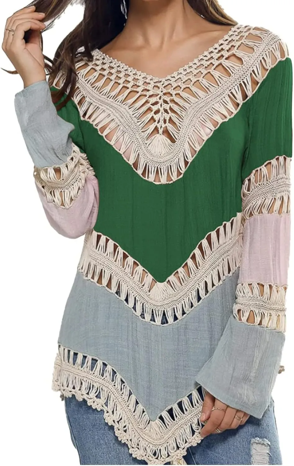 Womens Boho V Neck Crochet Tunic Tops Blouse Shirt Hollow Out Beach Swimsuit Cover up