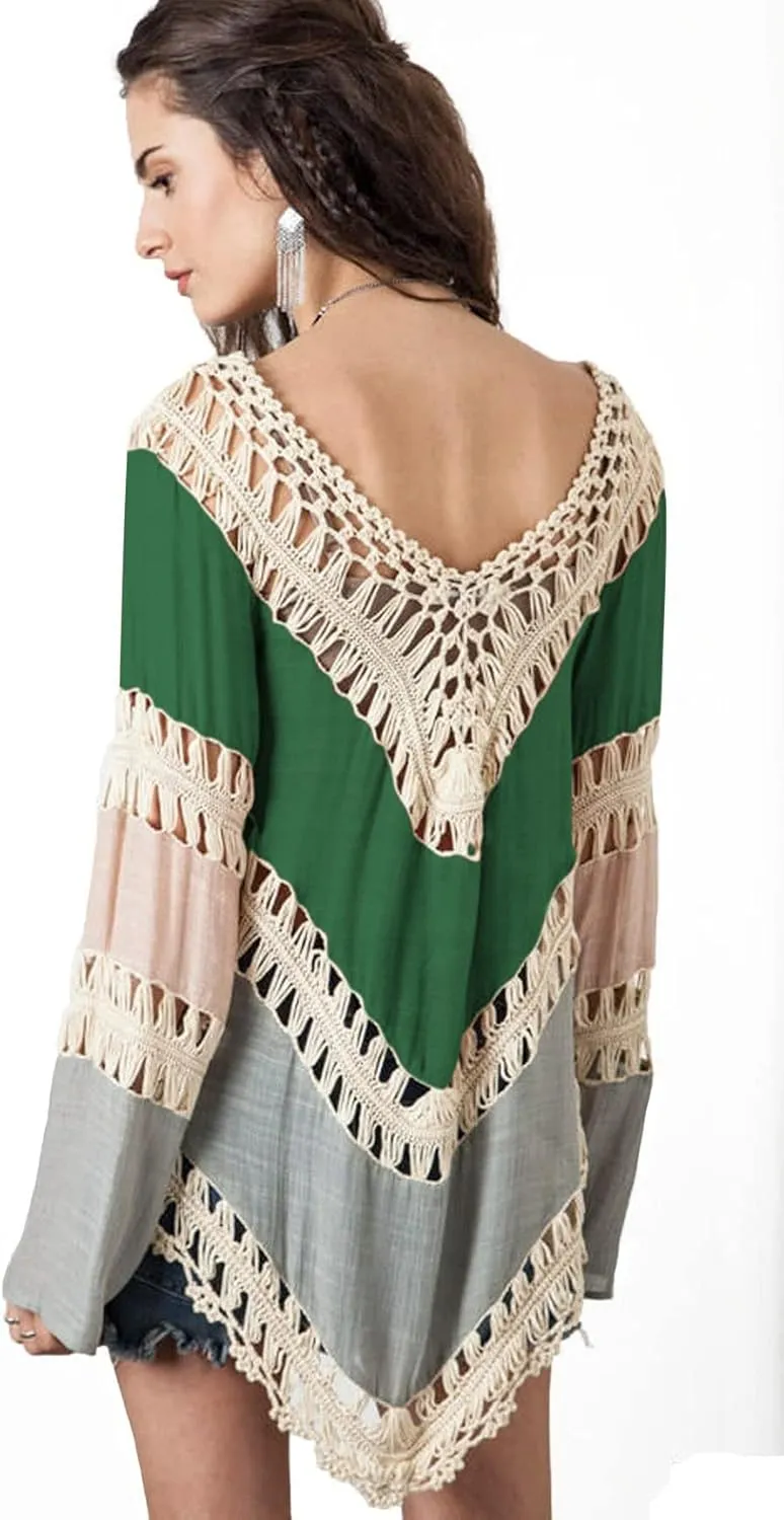 Womens Boho V Neck Crochet Tunic Tops Blouse Shirt Hollow Out Beach Swimsuit Cover up
