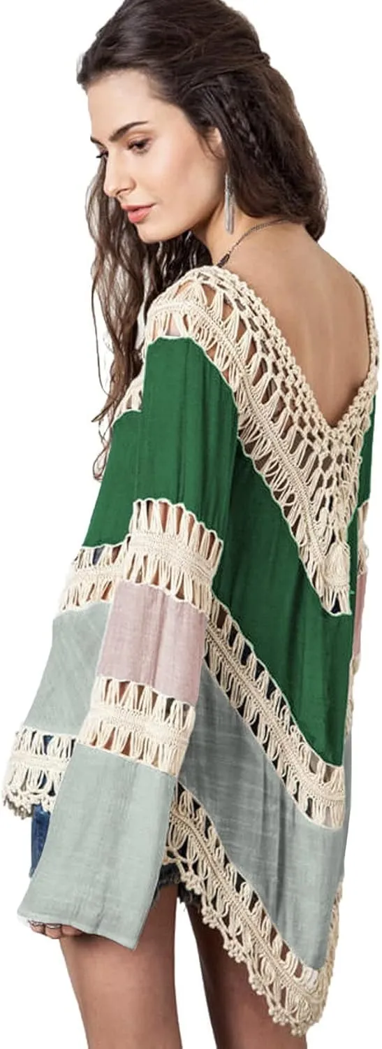 Womens Boho V Neck Crochet Tunic Tops Blouse Shirt Hollow Out Beach Swimsuit Cover up