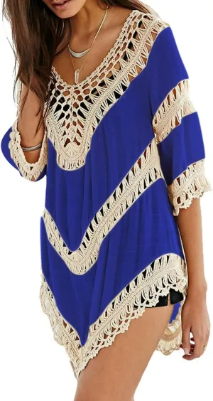 Womens Boho V Neck Crochet Tunic Tops Blouse Shirt Hollow Out Beach Swimsuit Cover up