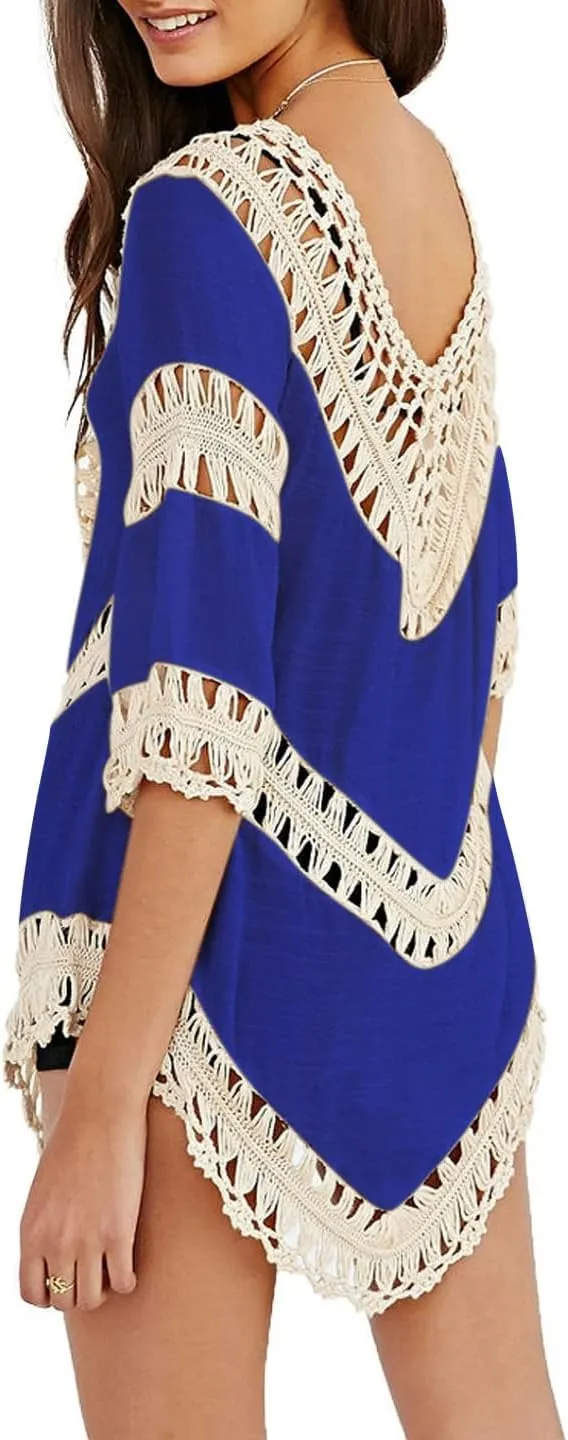 Womens Boho V Neck Crochet Tunic Tops Blouse Shirt Hollow Out Beach Swimsuit Cover up