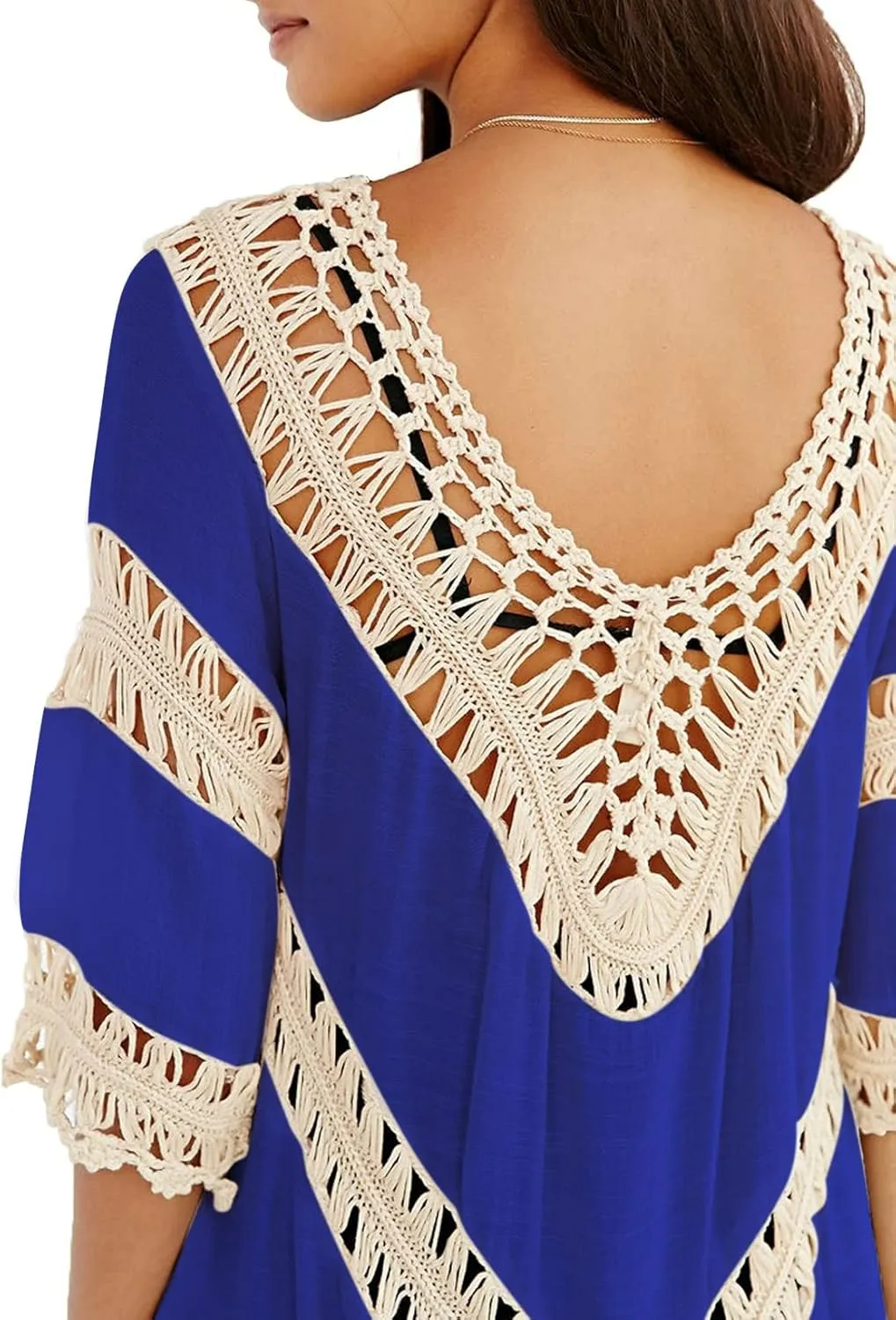 Womens Boho V Neck Crochet Tunic Tops Blouse Shirt Hollow Out Beach Swimsuit Cover up