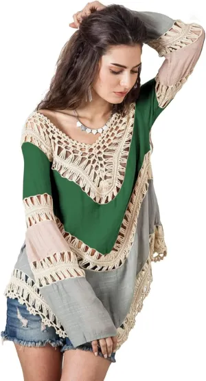 Womens Boho V Neck Crochet Tunic Tops Blouse Shirt Hollow Out Beach Swimsuit Cover up